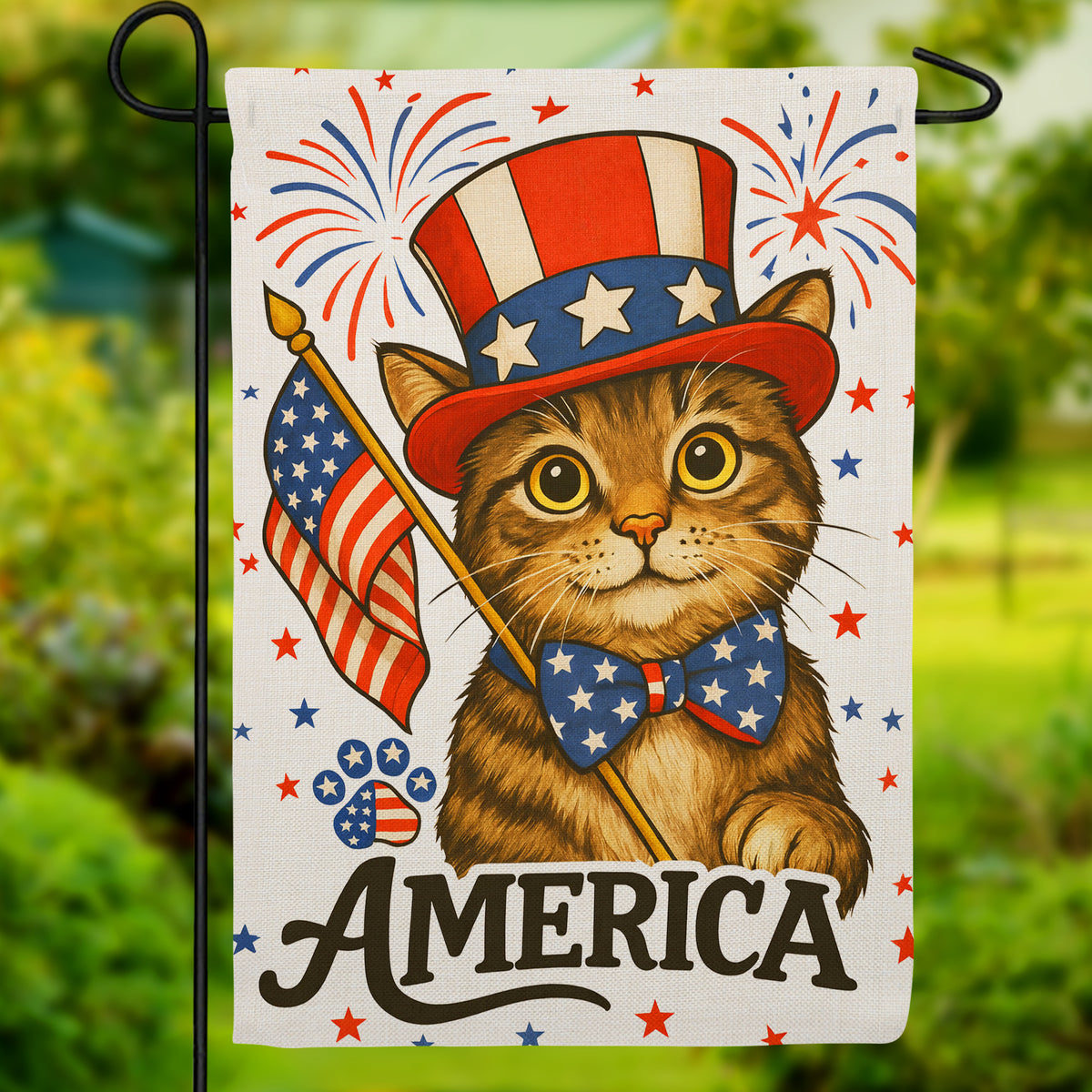 Patriotic Cat America 4th of July Burlap Garden Flag
