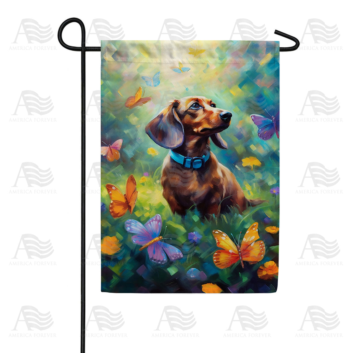 America Forever Dachshund & Dancing Butterflies Garden Flag
