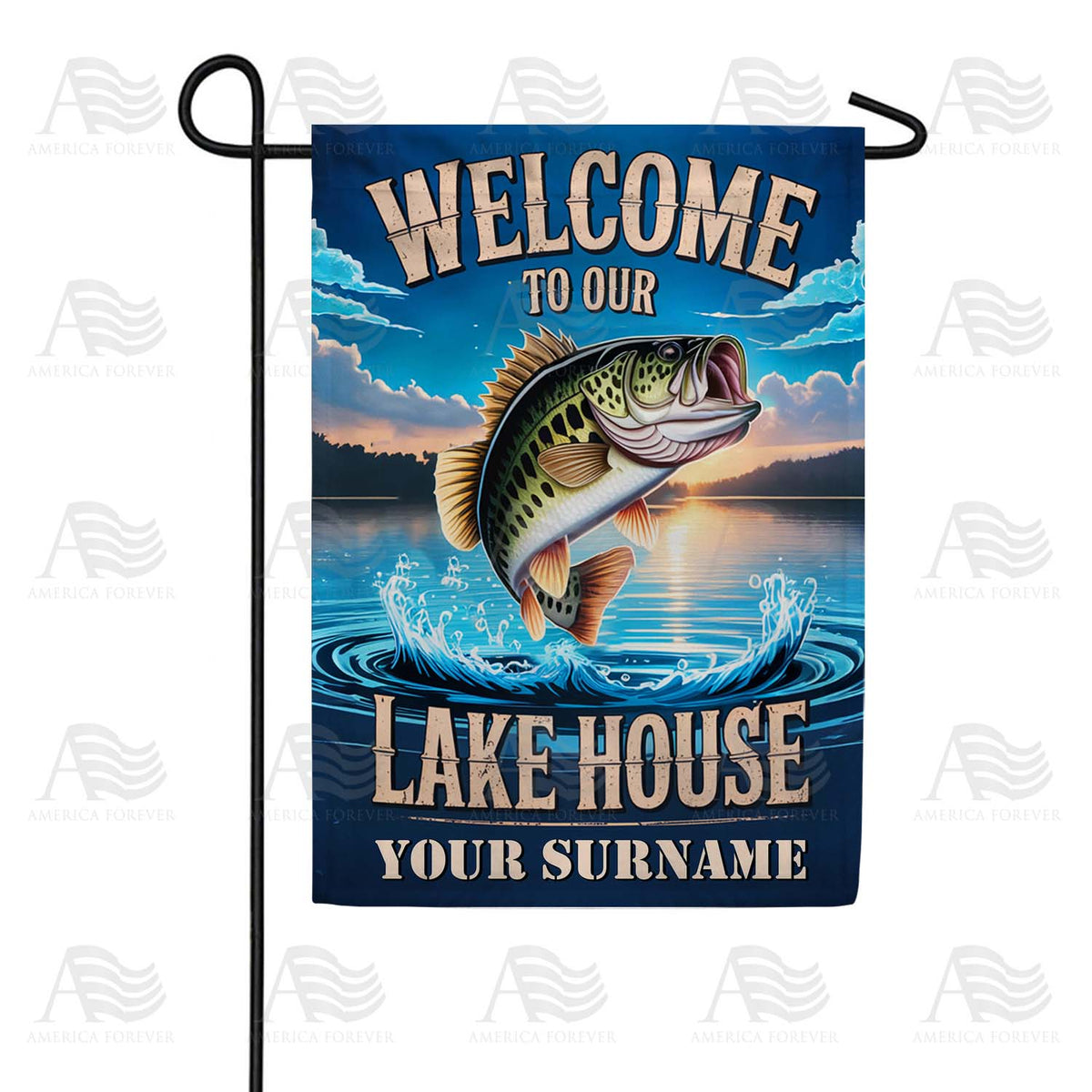 Welcome to Our Lake House Bass Personalized Double Sided Garden Flag