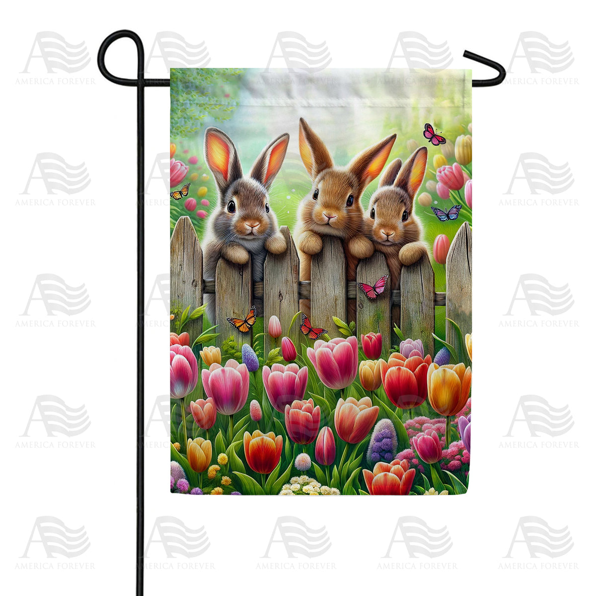 America Forever Tulip Trio Bunnies Garden Flag
