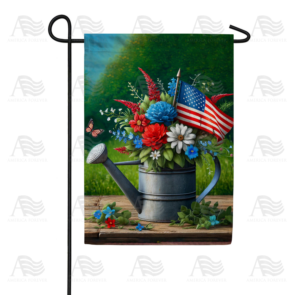 America Forever Patriotic Floral Watering Can Garden Flag