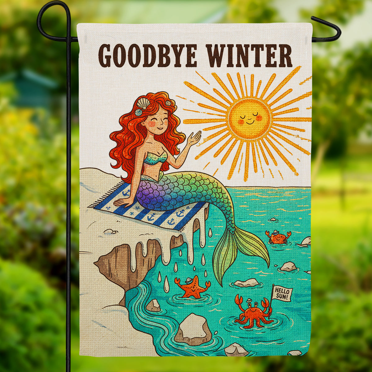 Goodbye Winter Mermaid Beach Sun Welcome Spring Burlap Garden Flag