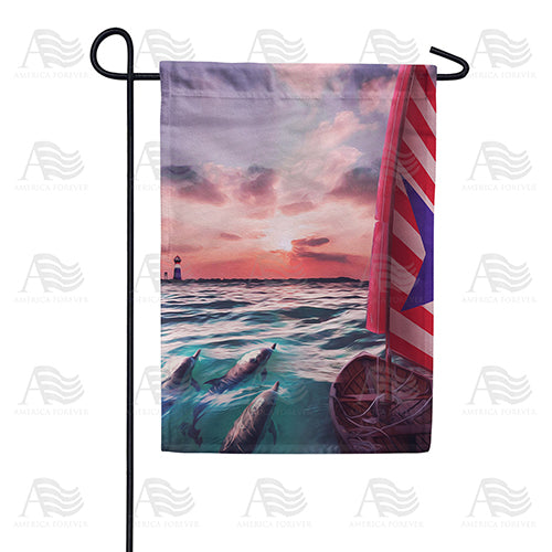 America Forever Dolphin Pod Sunset Swim Garden Flag