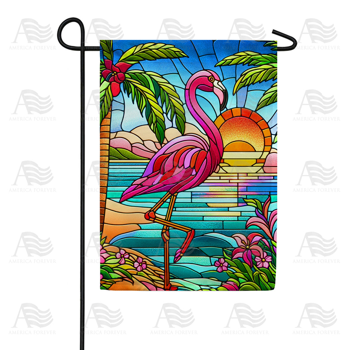 America Forever Tropical Flamingo Stained Glass Garden Flag