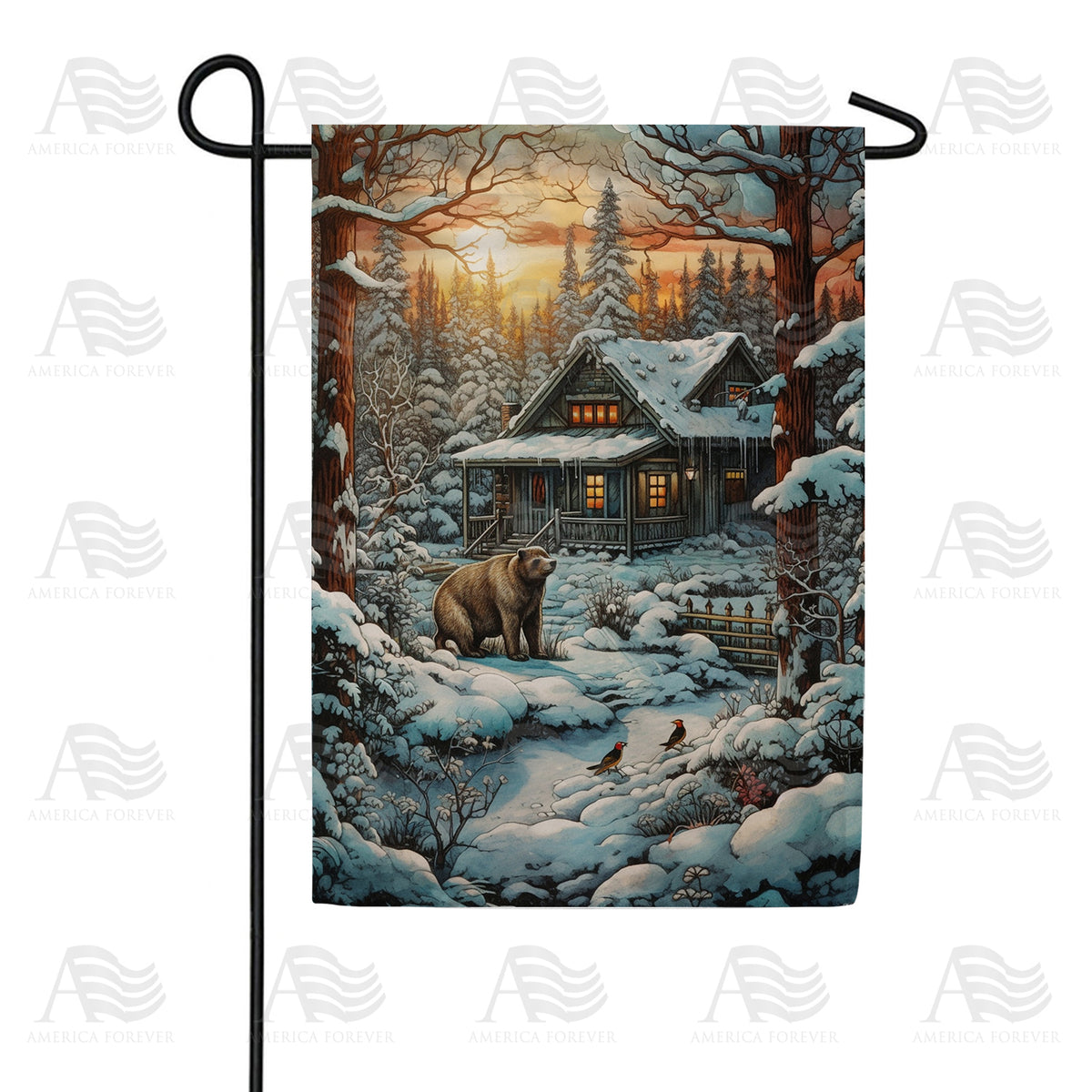 America Forever Winter Cabin Garden Flag