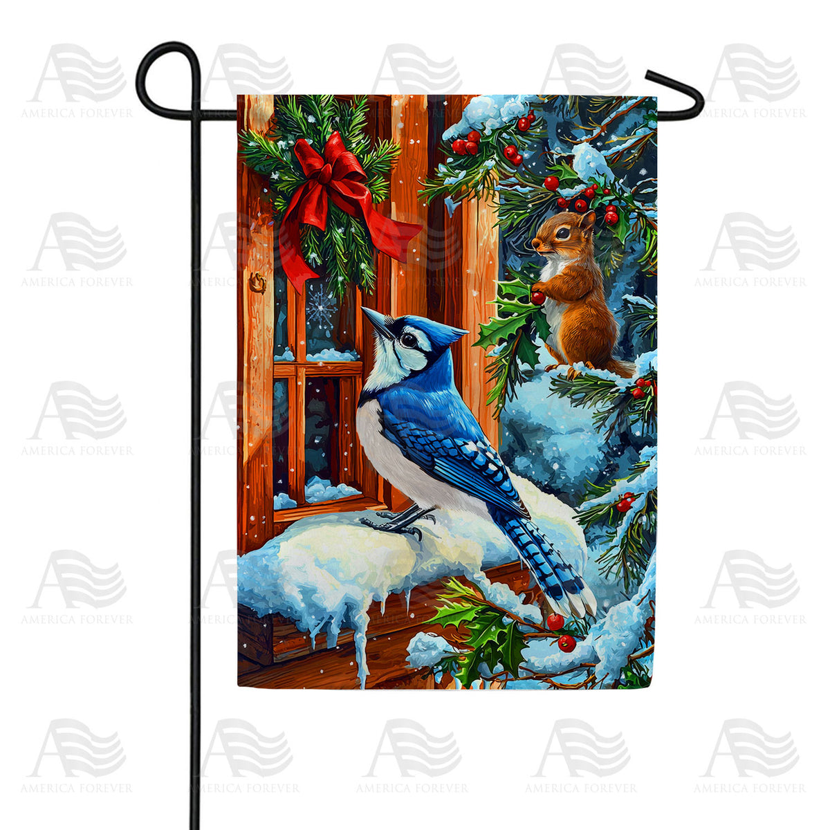 America Forever Winter Blue Jay and Squirrel Garden Flag