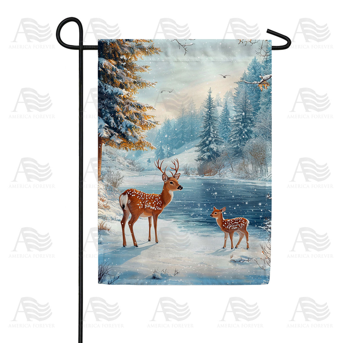 America Forever Winter Woodland Deer Garden Flag