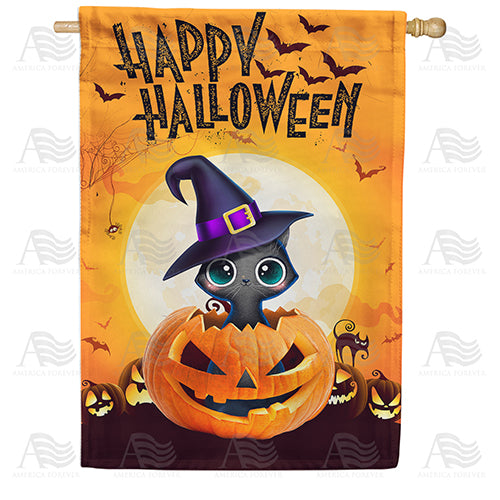 America Forever Kitty In Pumpkin House Flag