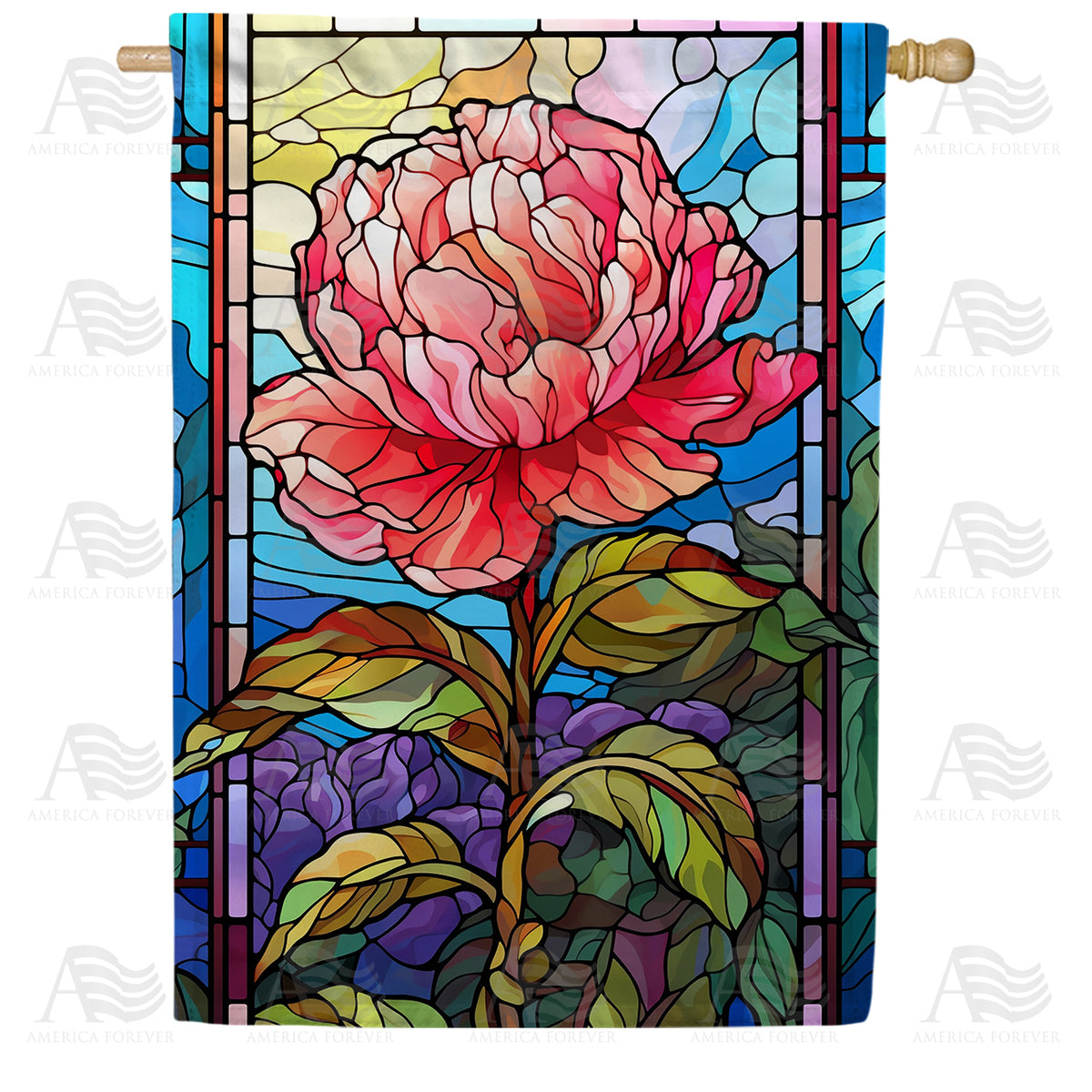 America Forever Pink Flower Stained Glass House Flag