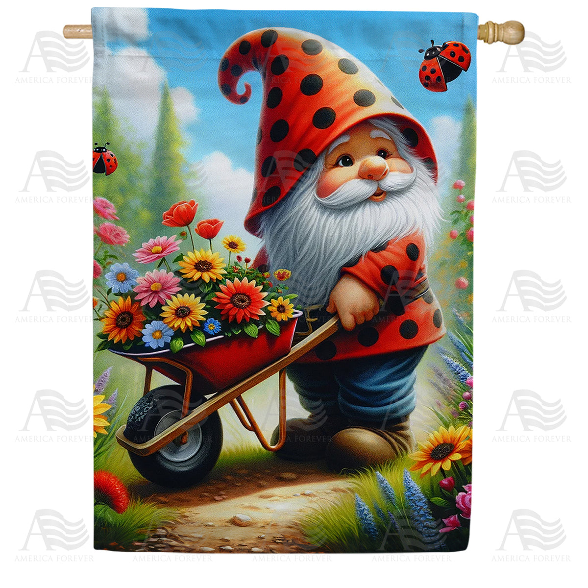America Forever Garden Gnome with Floral Wheelbarrow House Flag