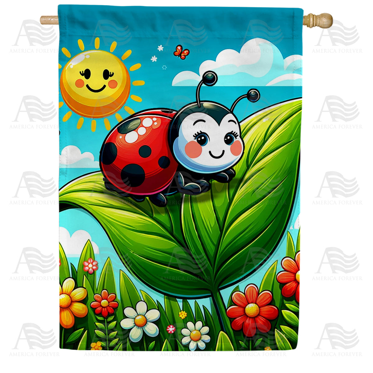 America Forever Cheerful Ladybug and Sunny Sky House Flag