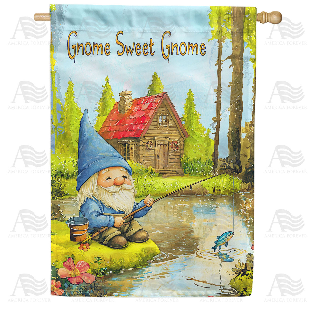 Gnome Sweet Gnome Fishing Cabin Double Sided House Flag
