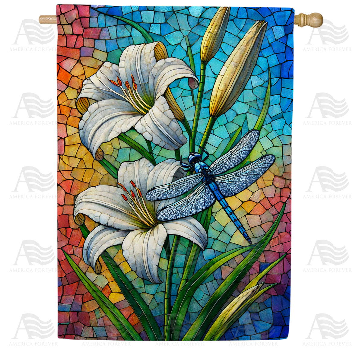 Stained Glass Lily and Dragonfly House Flag