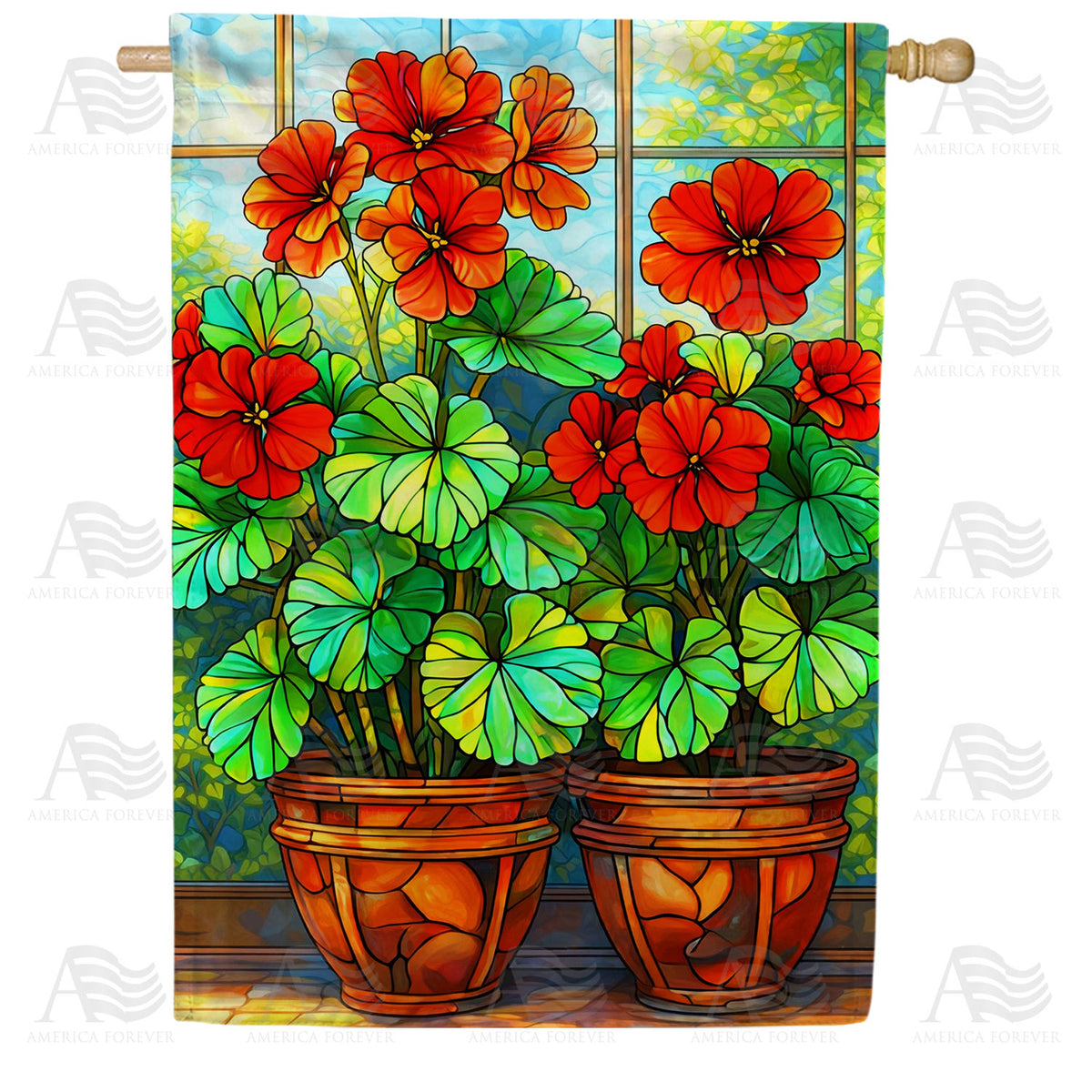Stained Glass Geraniums in Terra Cotta Pots House Flag