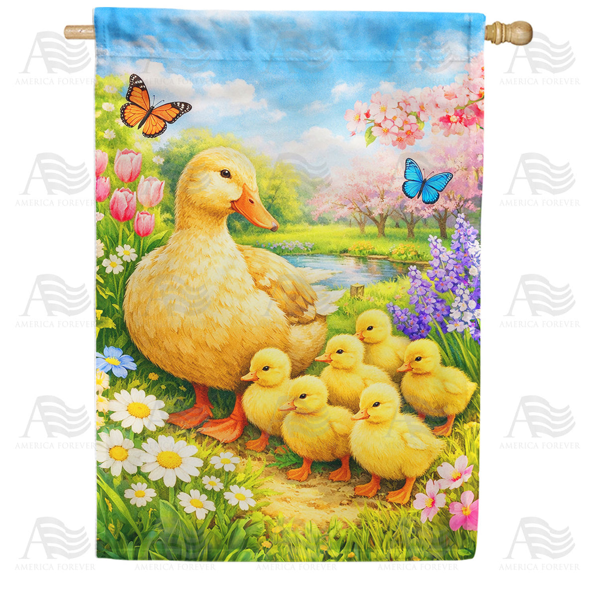 Spring Mother Duck and Ducklings with Butterflies House Flag