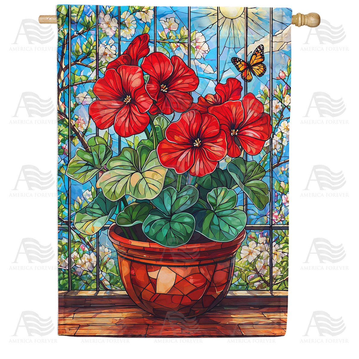 Stained Glass Red Geraniums and Butterfly House Flag