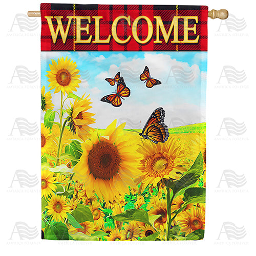 America Forever Sunflower Welcome Red Plaid House Flag
