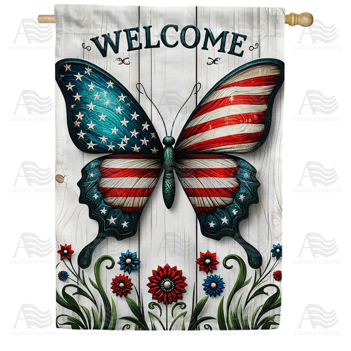 America Forever Patriotic Butterfly Welcome House Flag