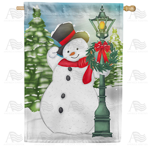 America Forever Snowman At Lamp Post House Flag