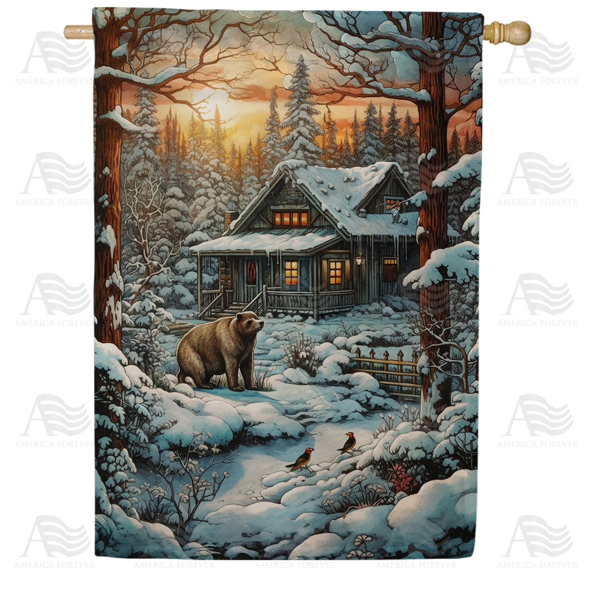 America Forever Winter Cabin House Flag