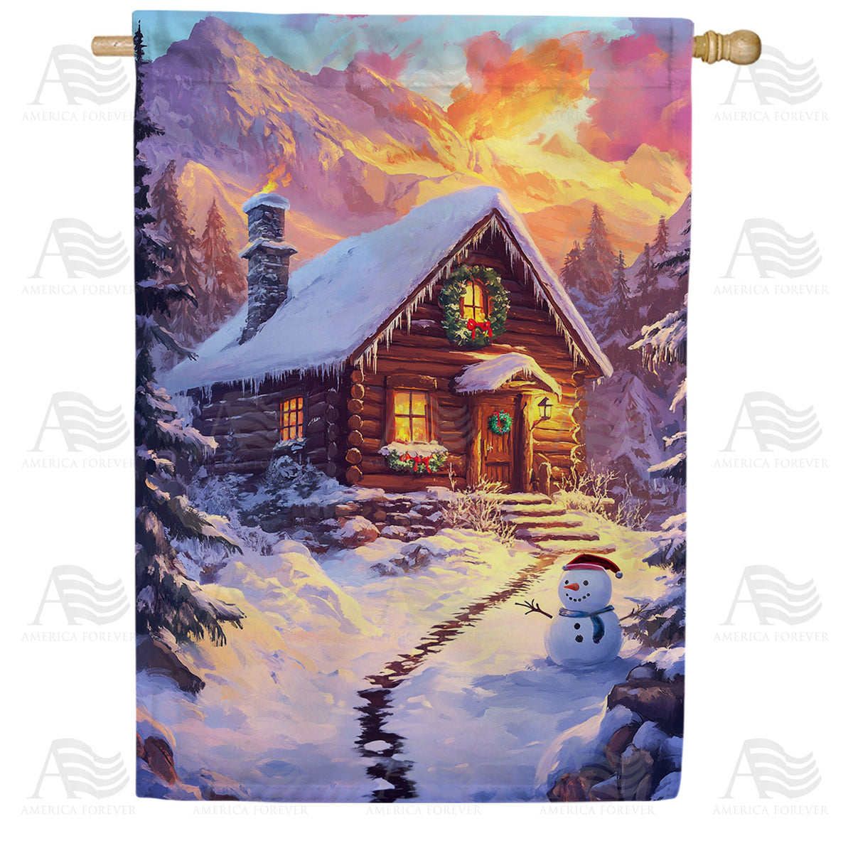 America Forever Winter Cabin with Snowman House Flag
