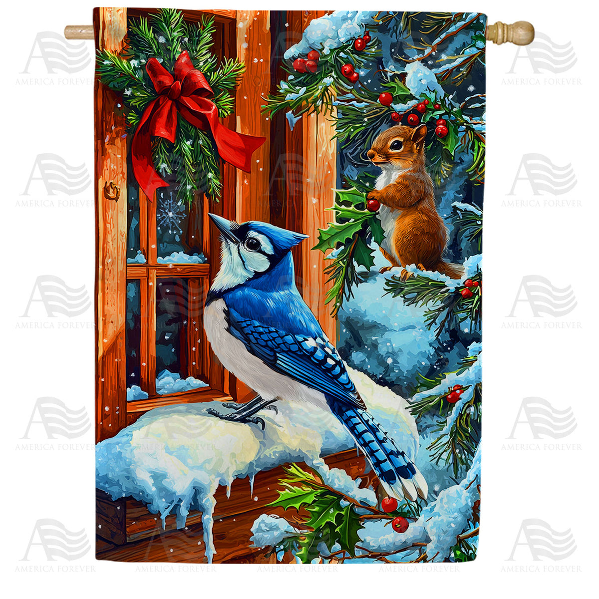 America Forever Winter Blue Jay and Squirrel House Flag
