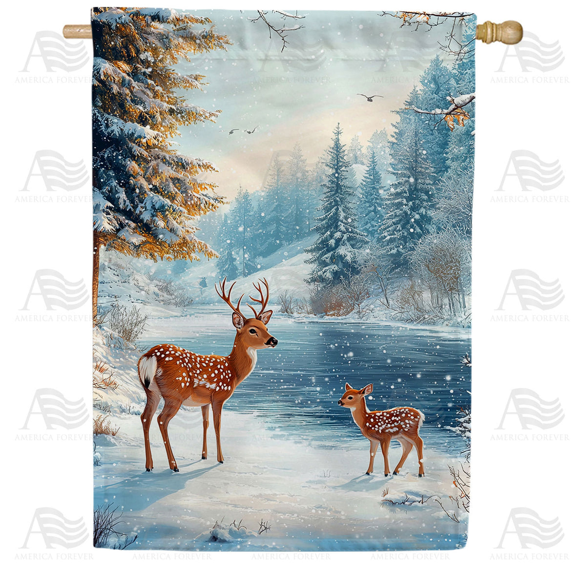 America Forever Winter Woodland Deer House Flag