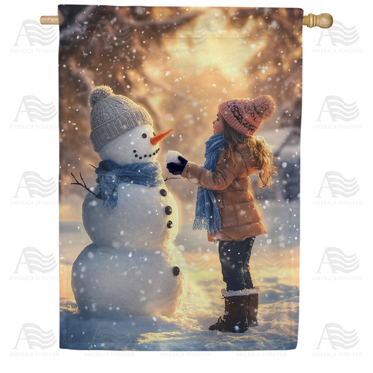 America Forever Child & Snowman Winter House Flag