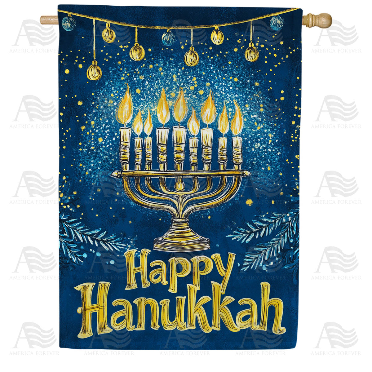 America Forever Blue & Gold Hanukkah Menorah House Flag