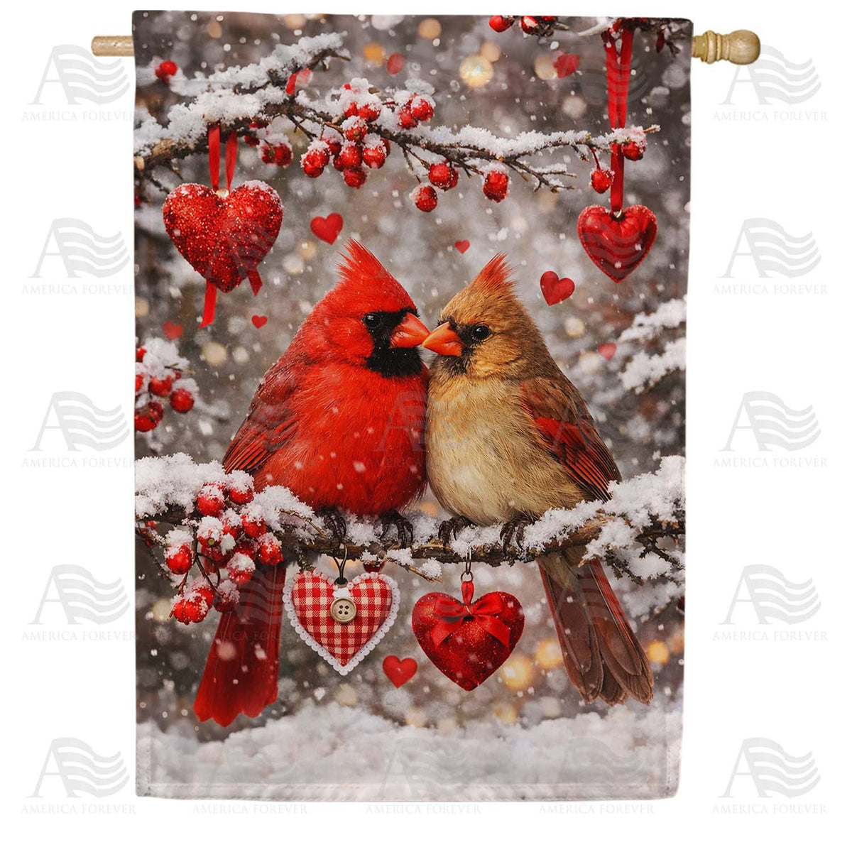 Winter Cardinals Love Hearts House Flag