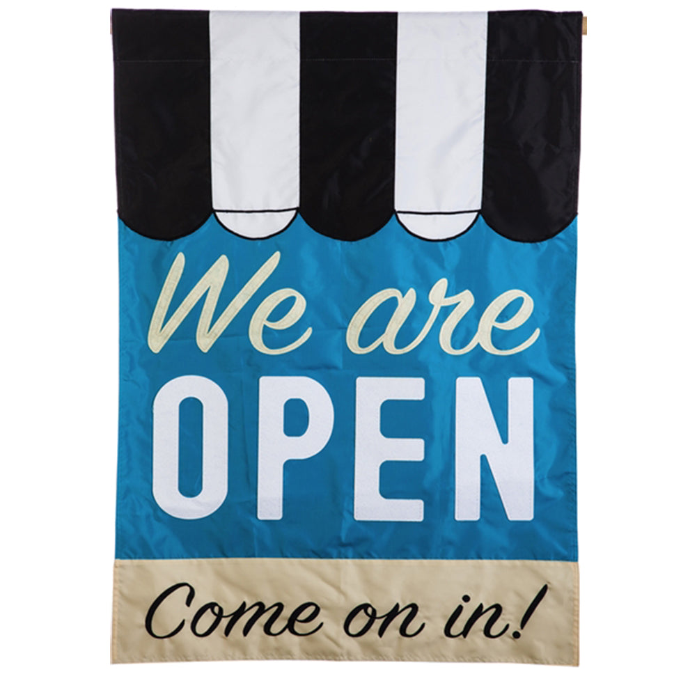 Evergreen We are Open Applique House Flag