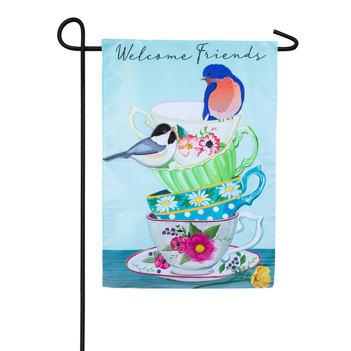 Evergreen Songbirds and Teacups Applique House Flag