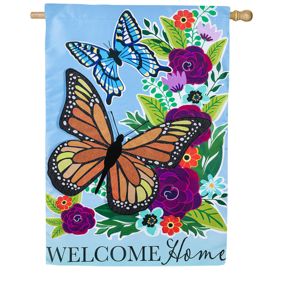 Evergreen Welcome Home Butterflies Applique House Flag