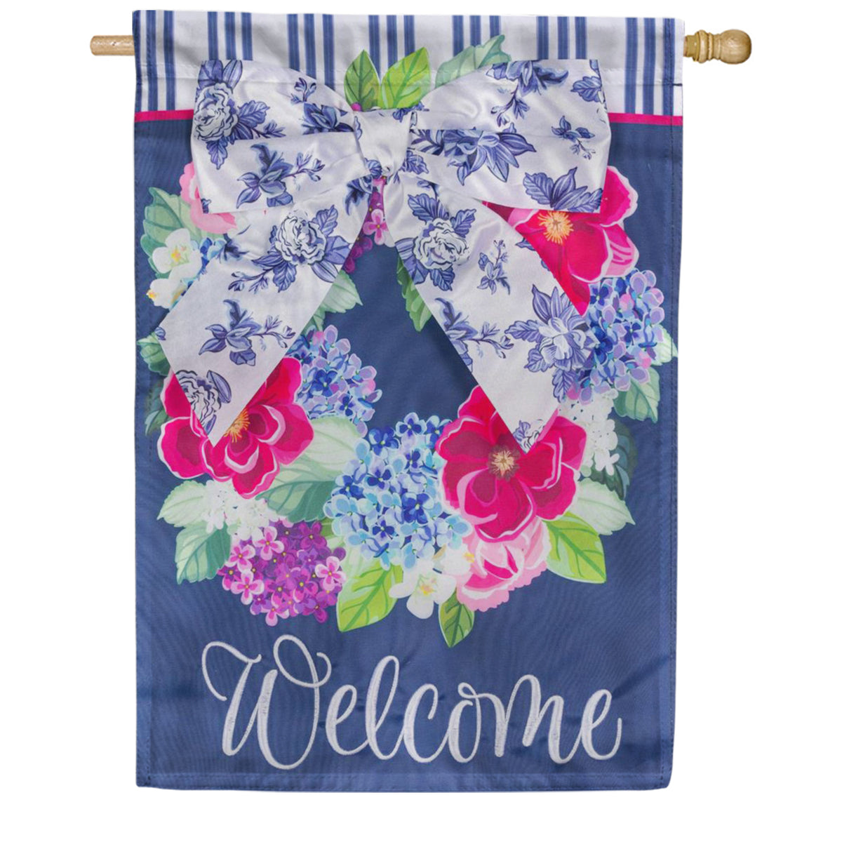 Evergreen Chinoiserie Bow Floral Wreath Welcome Applique House Flag