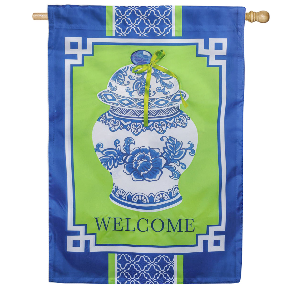 Evergreen Applique House Flag - Chinoiserie Welcome