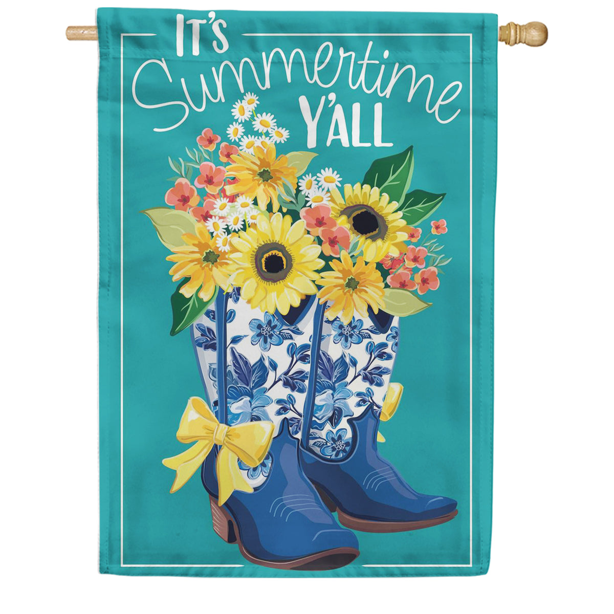 Evergreen Applique House Flag - Chinoiserie Cowboy Boots & Bows