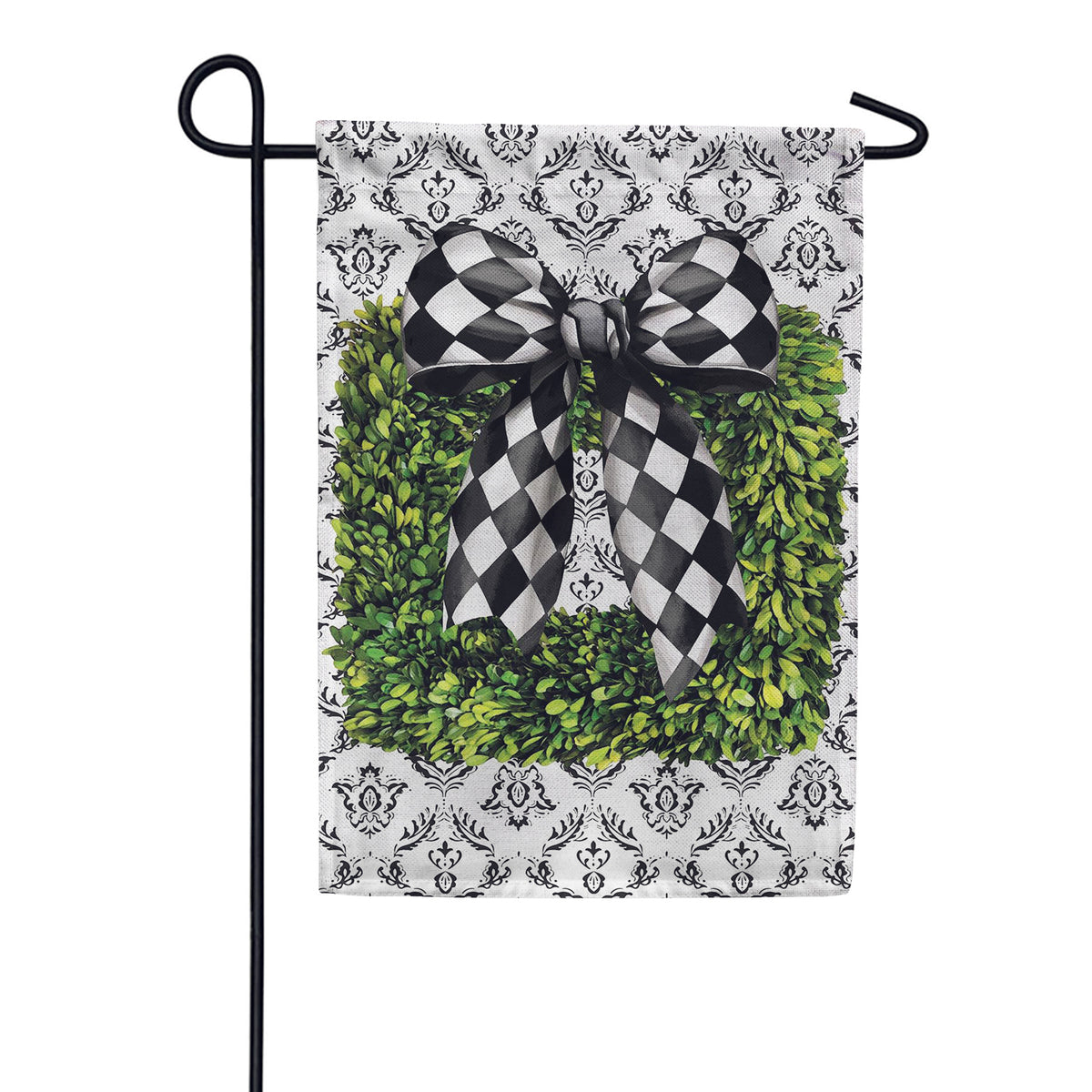 Evergreen Burlap Garden Flag - Black & White Bow Topiary