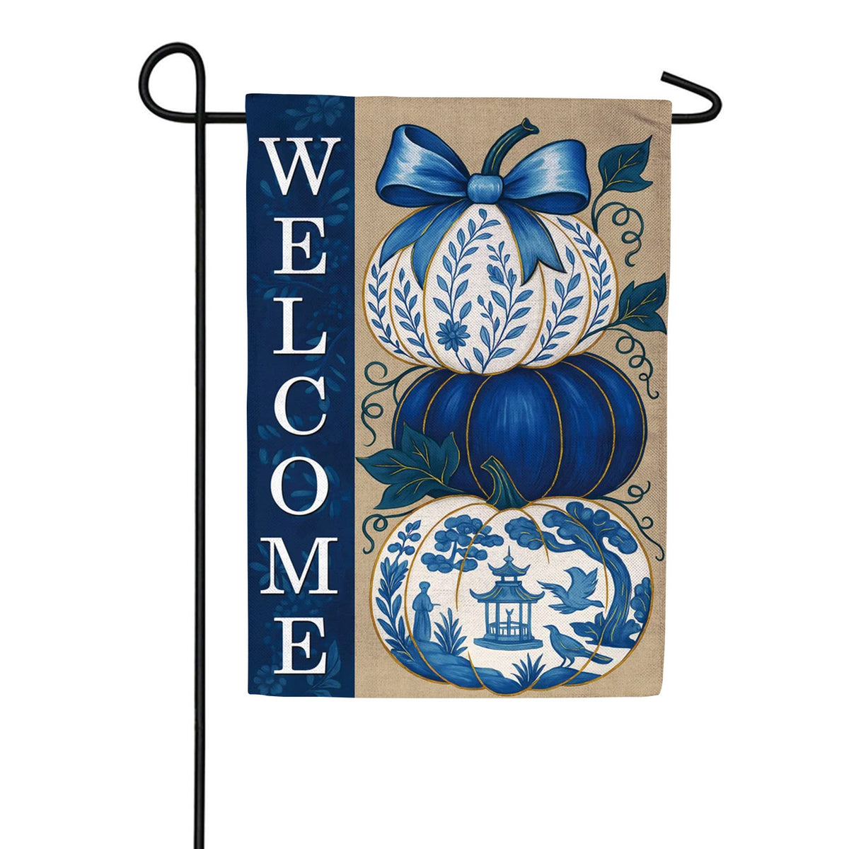 Evergreen Burlap Garden Flag - Chinoiserie Welcome Pumpkin