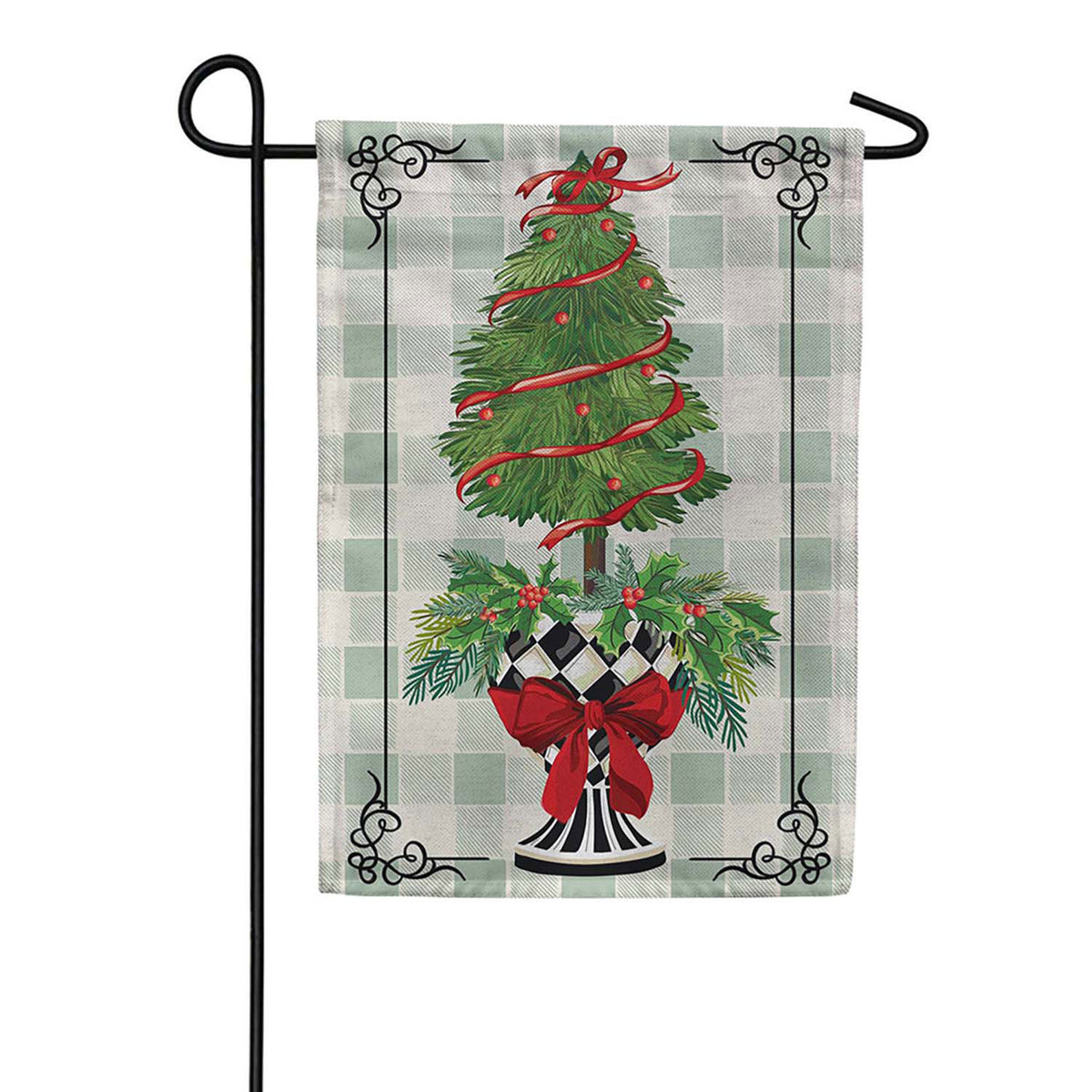 Evergreen Christmas Checkered Topiary Burlap Garden Flag