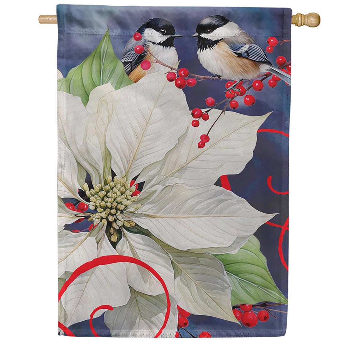 Evergreen Suede 2-Sided House Flag - Chickadees With Poinsettia