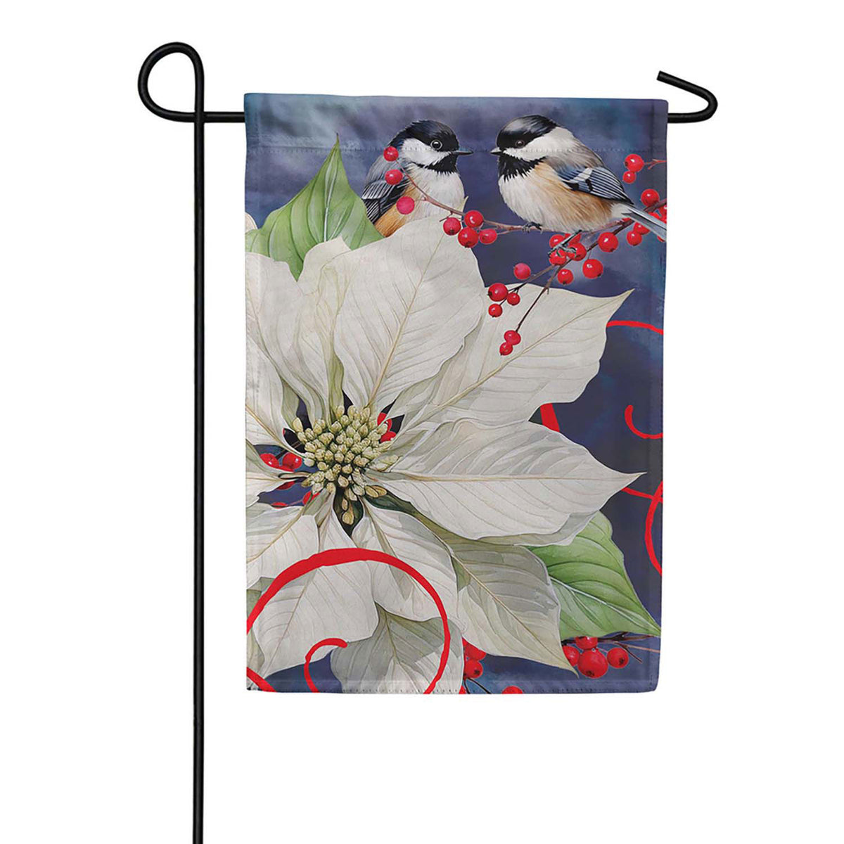 Evergreen Suede 2-Sided Garden Flag - Chickadees With Poinsettia