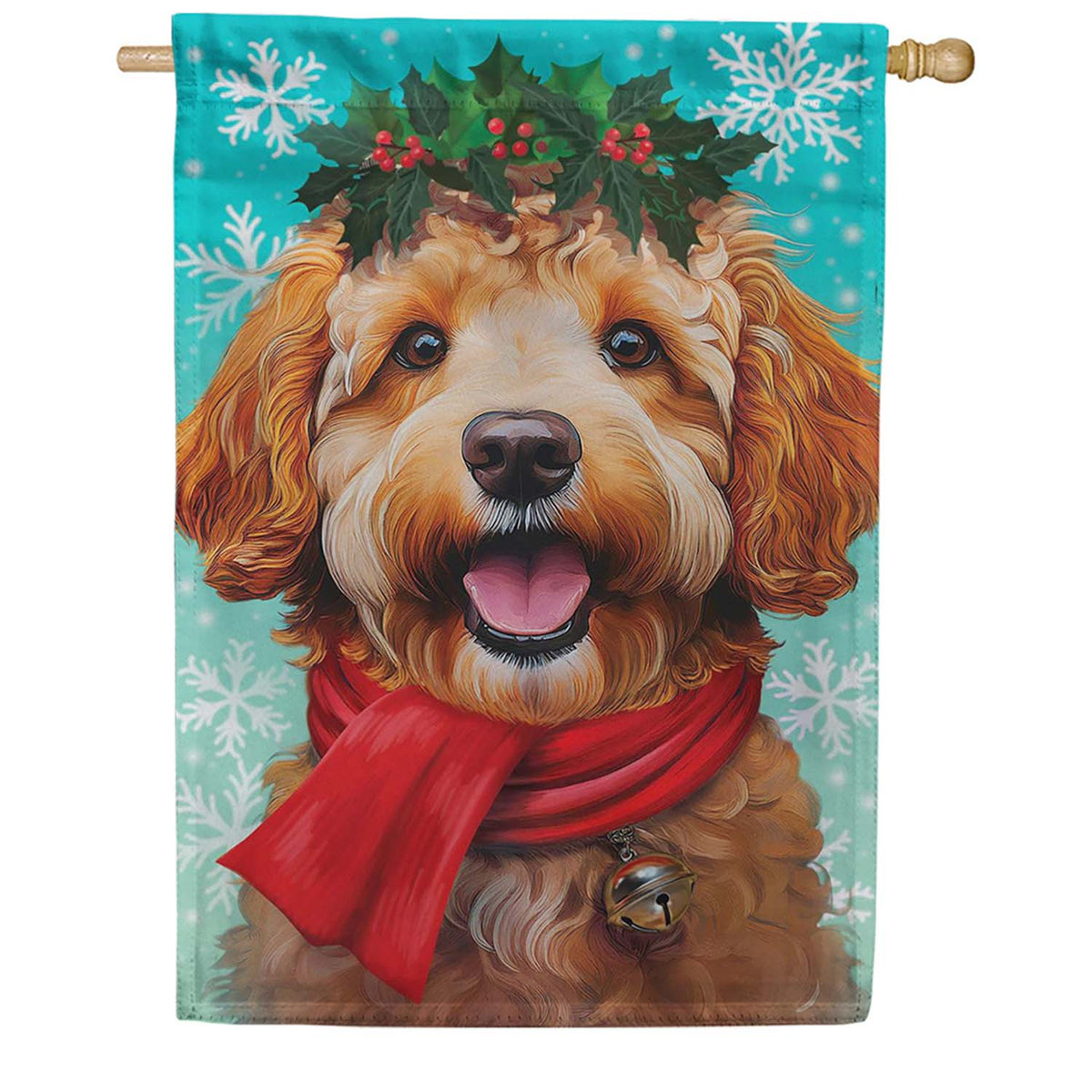 Evergreen Suede 2-Sided House Flag - Happy Winter Goldendoodle