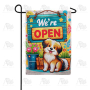 Welcoming Puppy with Open Sign Garden Flag