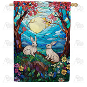 Moonlit Stained Glass Bunnies House Flag
