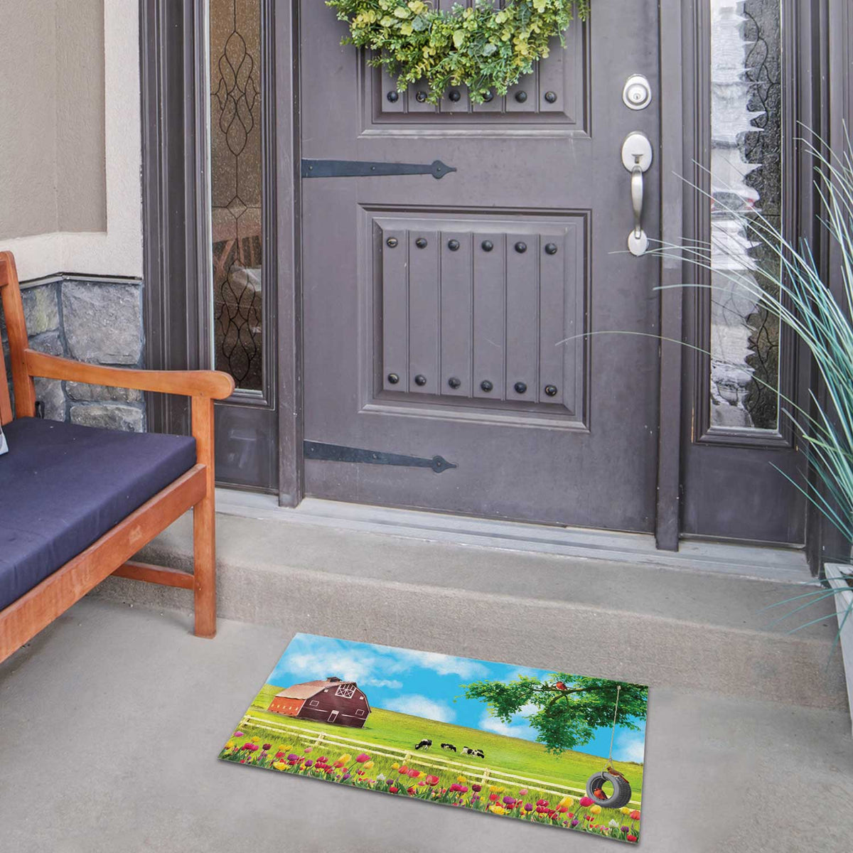 America Forever Spring Farm Swing and Tulips Doormat