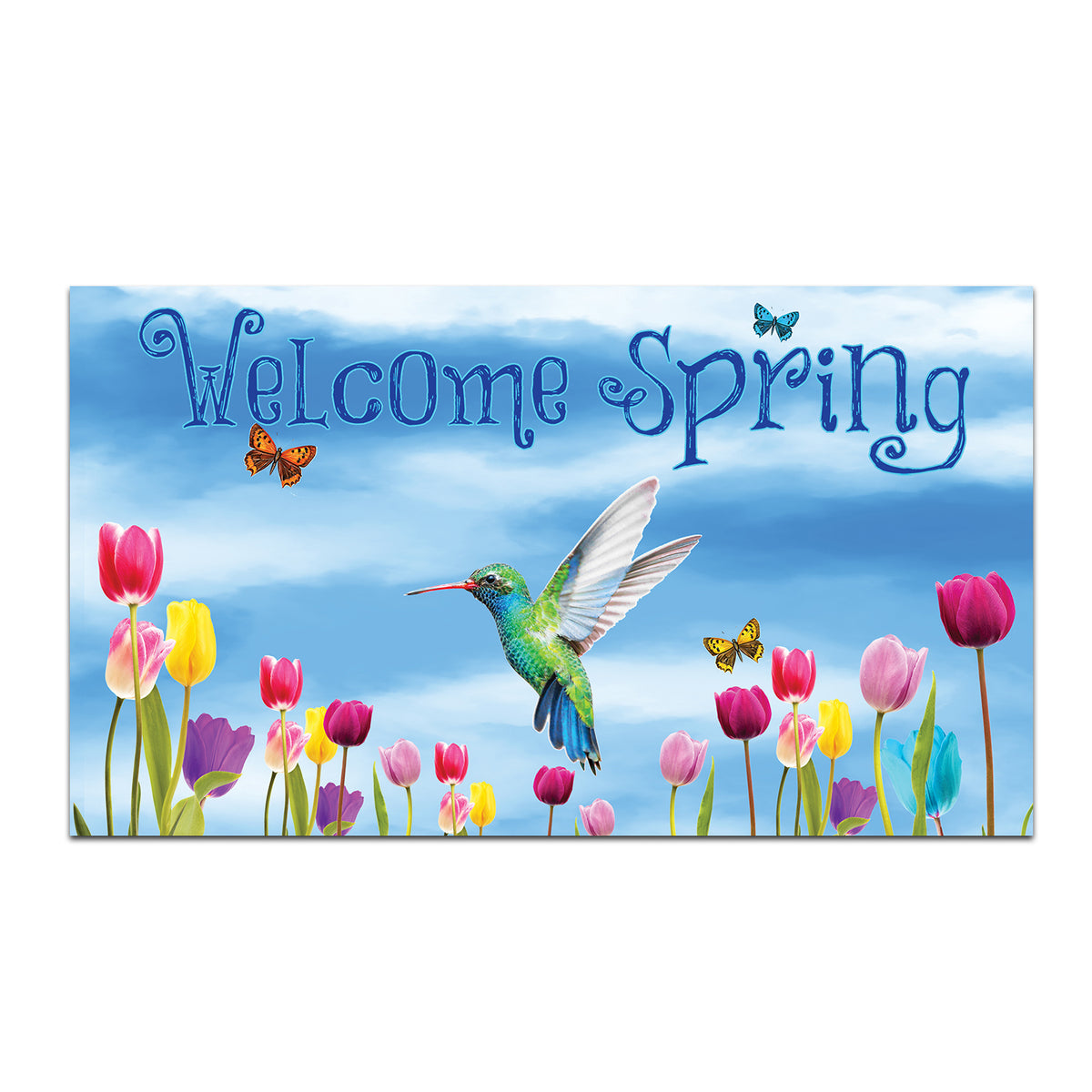 Welcome Spring Hummingbird & Tulips Double Sided Doormat 17.5" x 29"