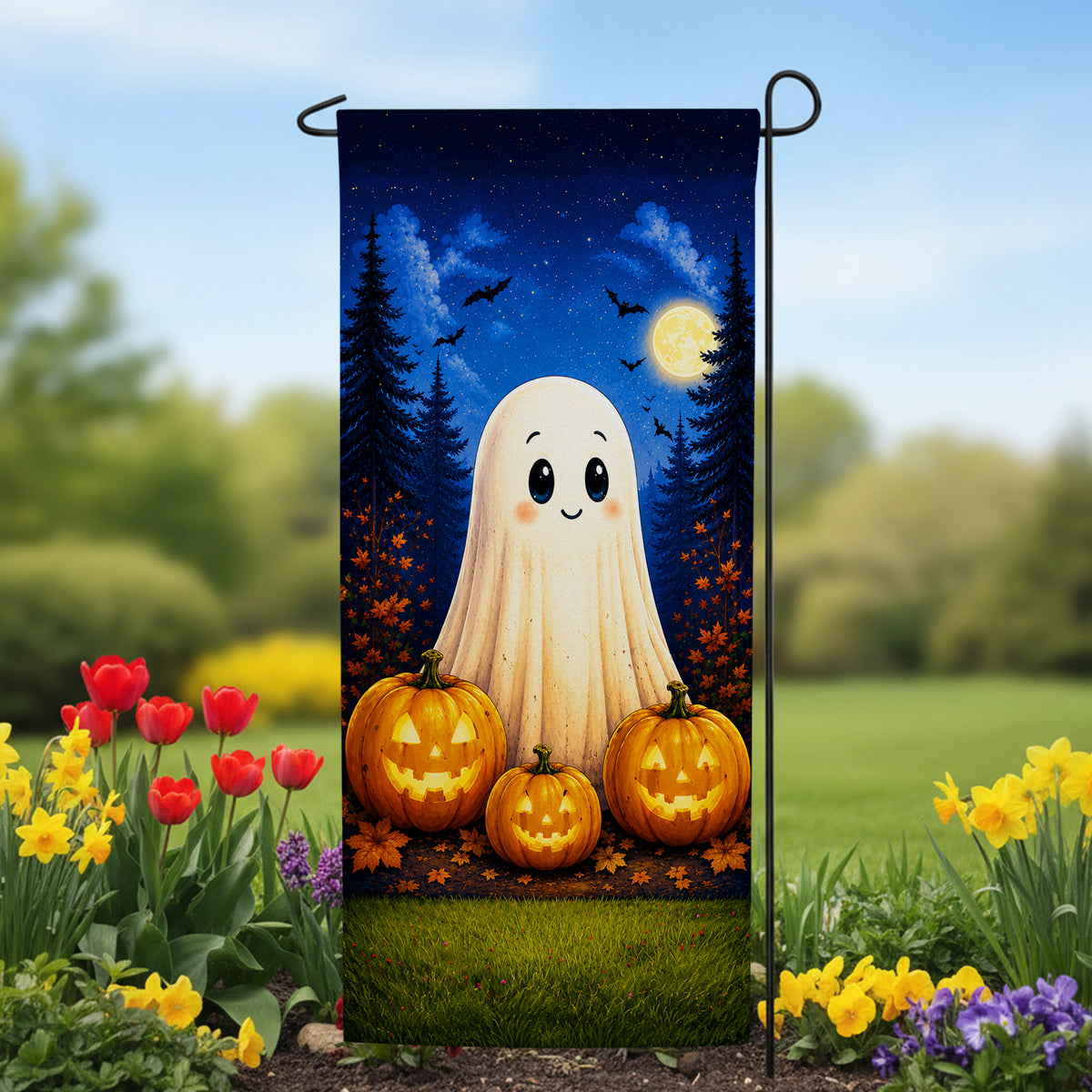 America Forever Cute Ghost and Pumpkins Garden Banner Flag