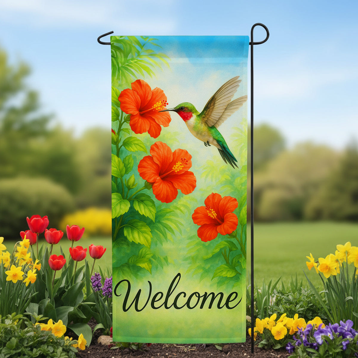 America Forever Welcome Hummingbird Hibiscus Garden Banner Flag