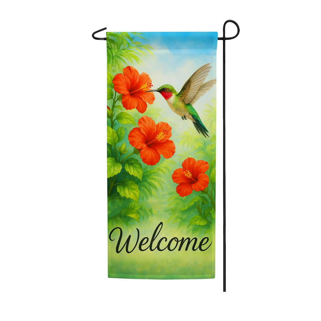 Welcome Hummingbird Hibiscus Double Sided Garden Banner Flag 12.5 x 28 inch