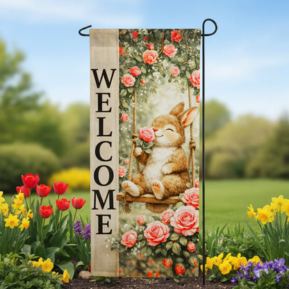 America Forever Welcome Bunny on a Swing Garden Banner Flag